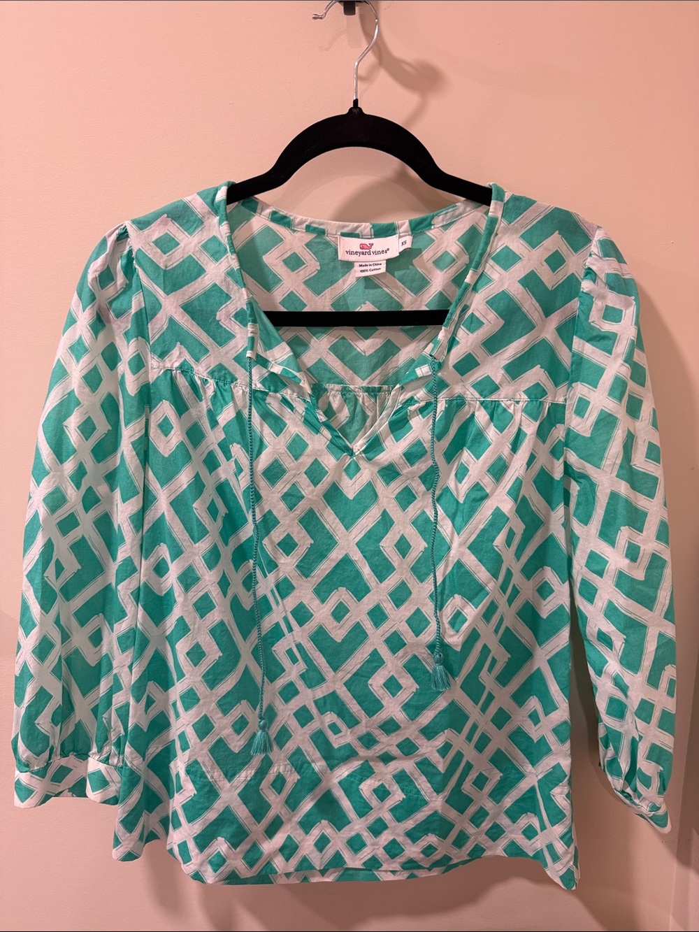 Vineyard Vines Teal and White Geometric Peasant Top